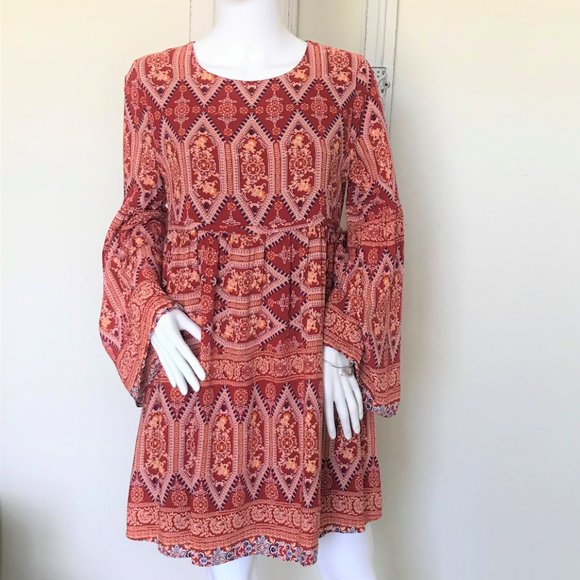 SUGAR + LIPS Dresses Sugar Lips Boho Red Paisley Bell Sleeve Mini